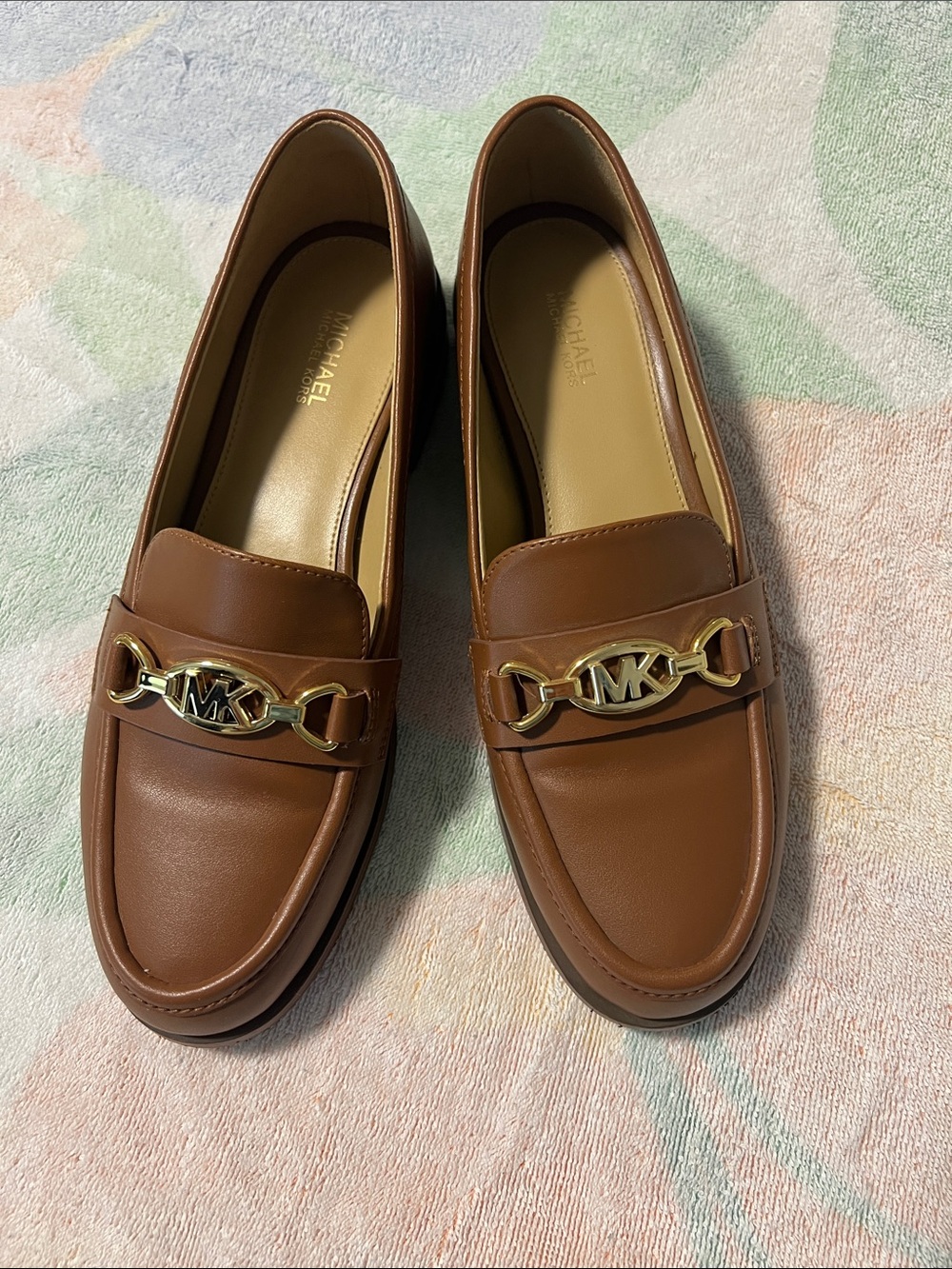 Michael Kors Tan Leather Loafers with Gold MK Chain